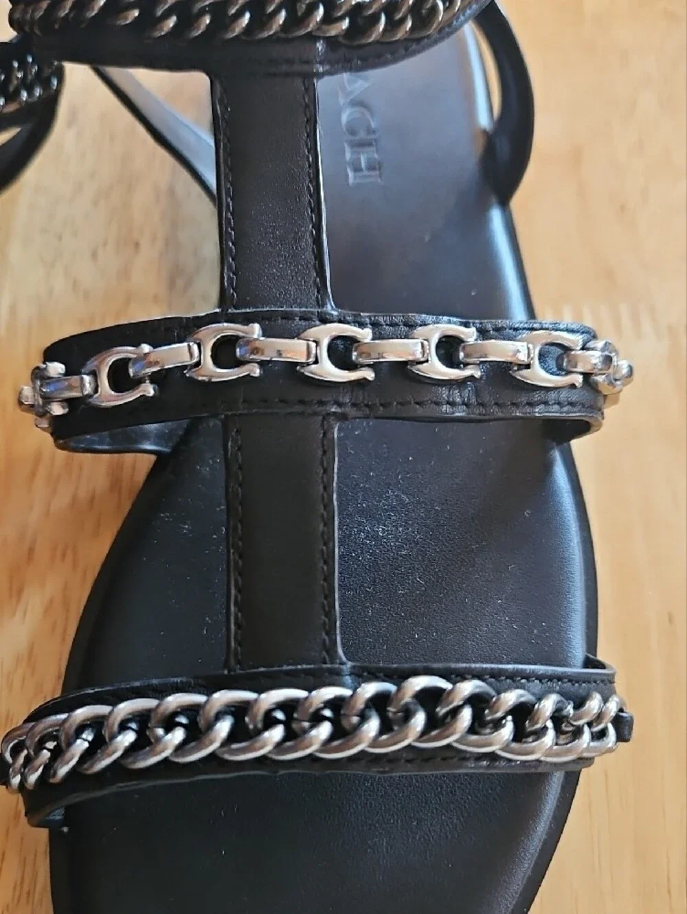 Coach Haddie Gladiator Black Leather Women's Sandals with Silver Chain Detail